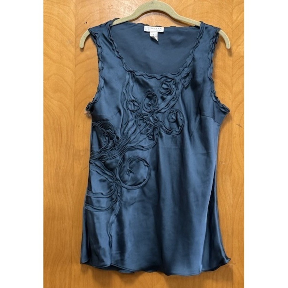 Kenar Womens Satin Swirled Ribbon Floral Tank Ruffle Trim Artsy Boho Teal Sz L